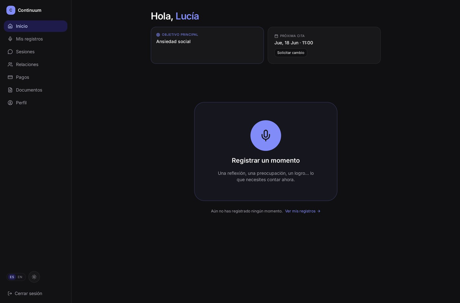 Patient portal · logging a moment between sessions
