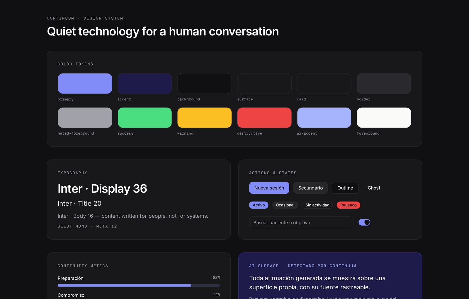 Design tokens, typography and AI surfaces from the live product