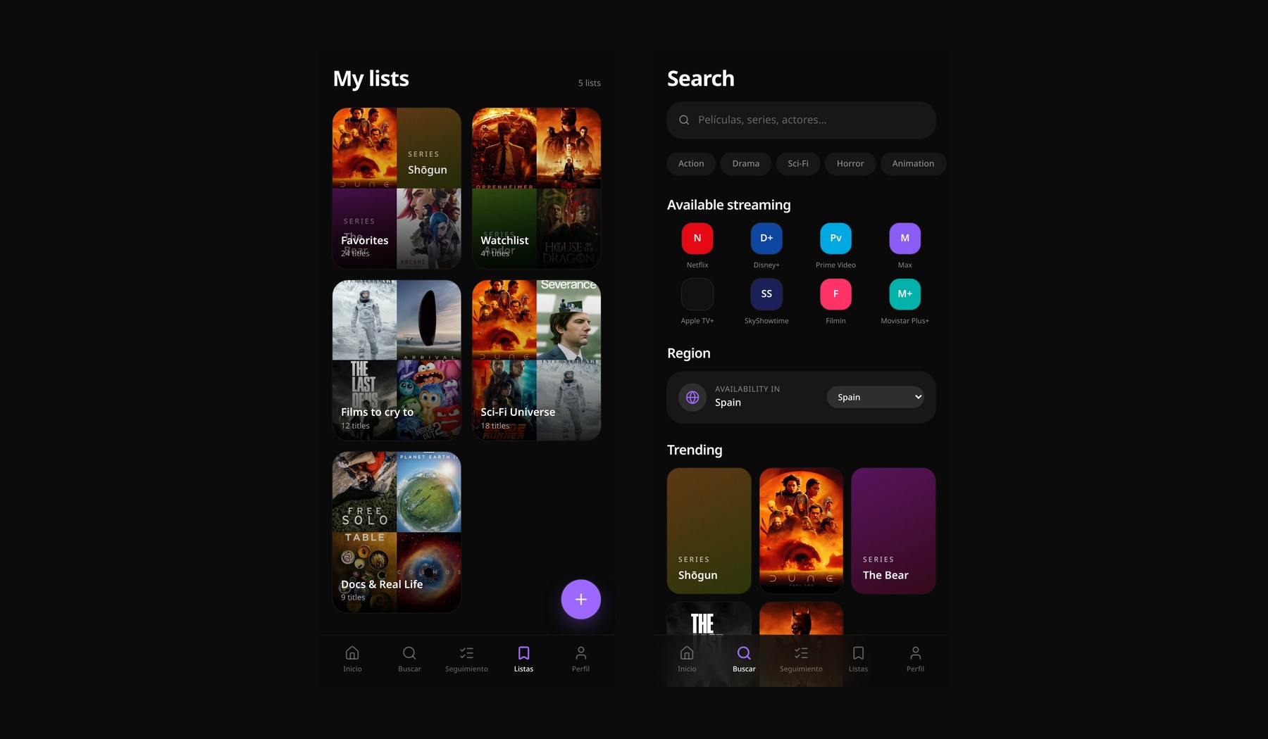 Lists and search, built on real artwork from the live product.