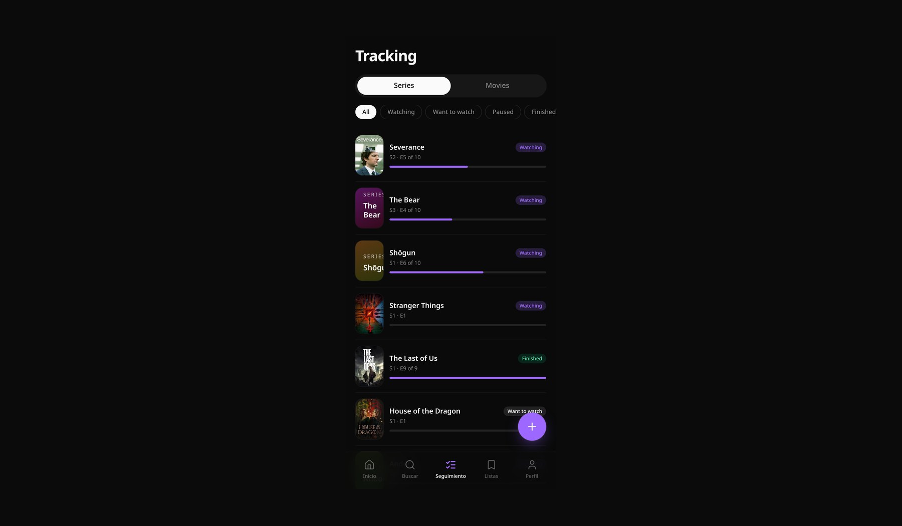 Tracking: one list, clear status, progress you can read in a glance.